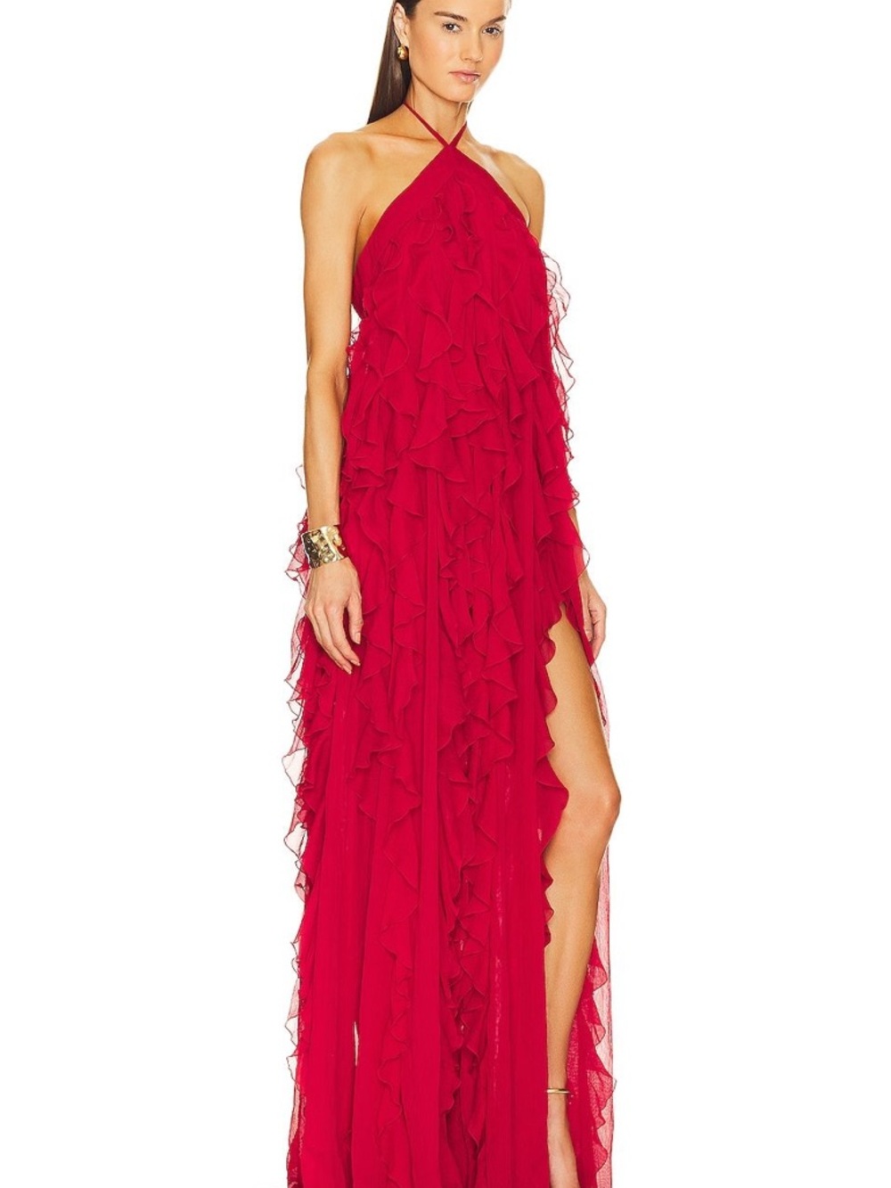PatBO Red Ruffle Halter Maxi Dress